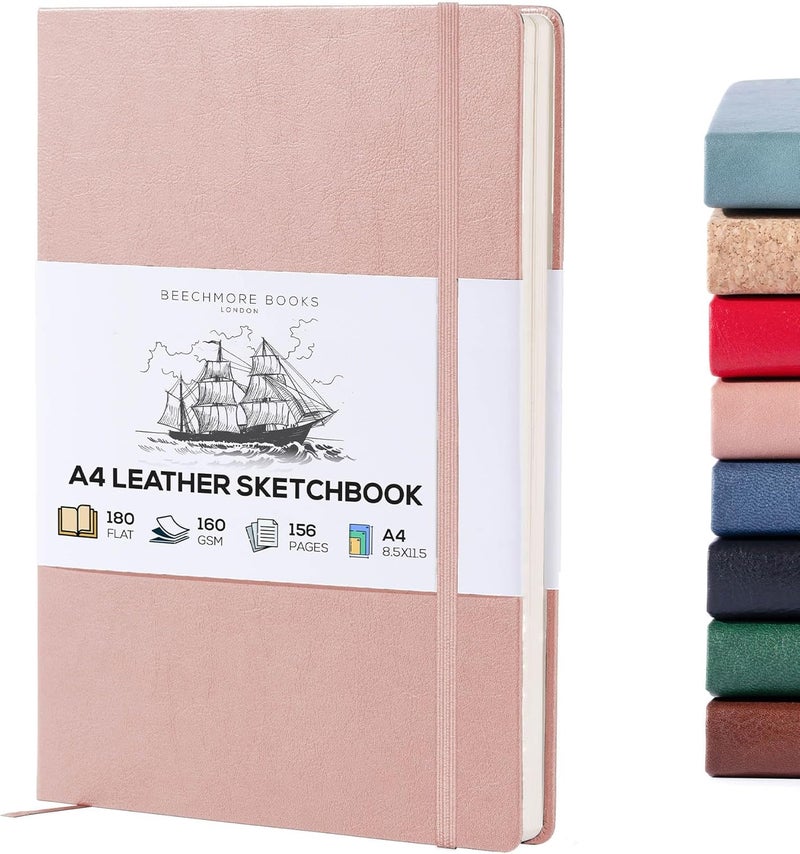 Beechmore Books دفتر رسم A4 – 8.5x11 جلد نباتي فاخر كبير مع 156 صفحة سميكة 160gsm بيج كريم مثقبة، دفتر رسم فارغ، مع صندوق هدايا، جيب خلفي، علامة مرجعية من الشريط - Image 1